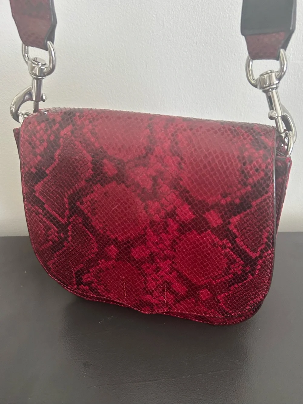 Rebecca Minkoff Red Python Embossed Leather Saddle Crossbody Snake Print Bag
